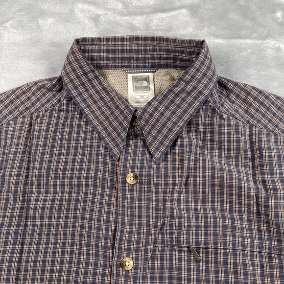The North Face Shirt Mens Medium Navy Orange Plaid Zip Pocket Mesh Vented Hiking - Picture 1 of 16